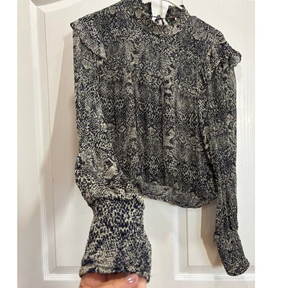 Free People Women S/P Roma Chiffon Snake Ruffle Long Sleeve Blouse Animal Print - Picture 3 of 8